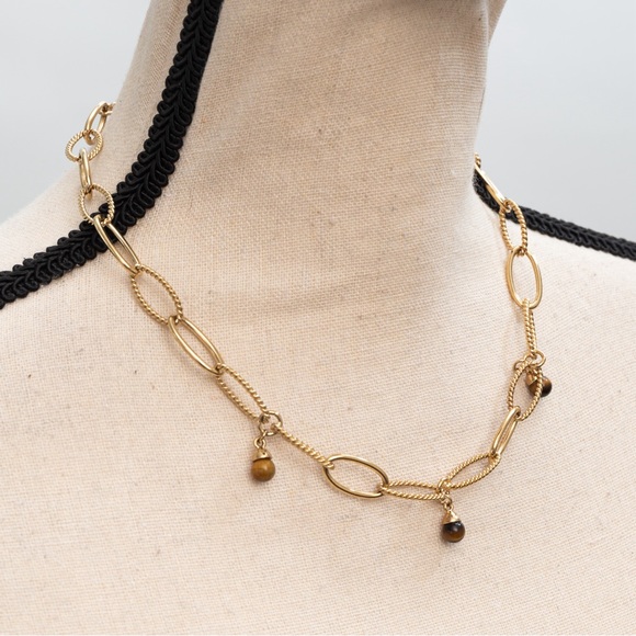 Gold tone large link oval link necklace with delicate brown beads gold tone 18” - Picture 6 of 13